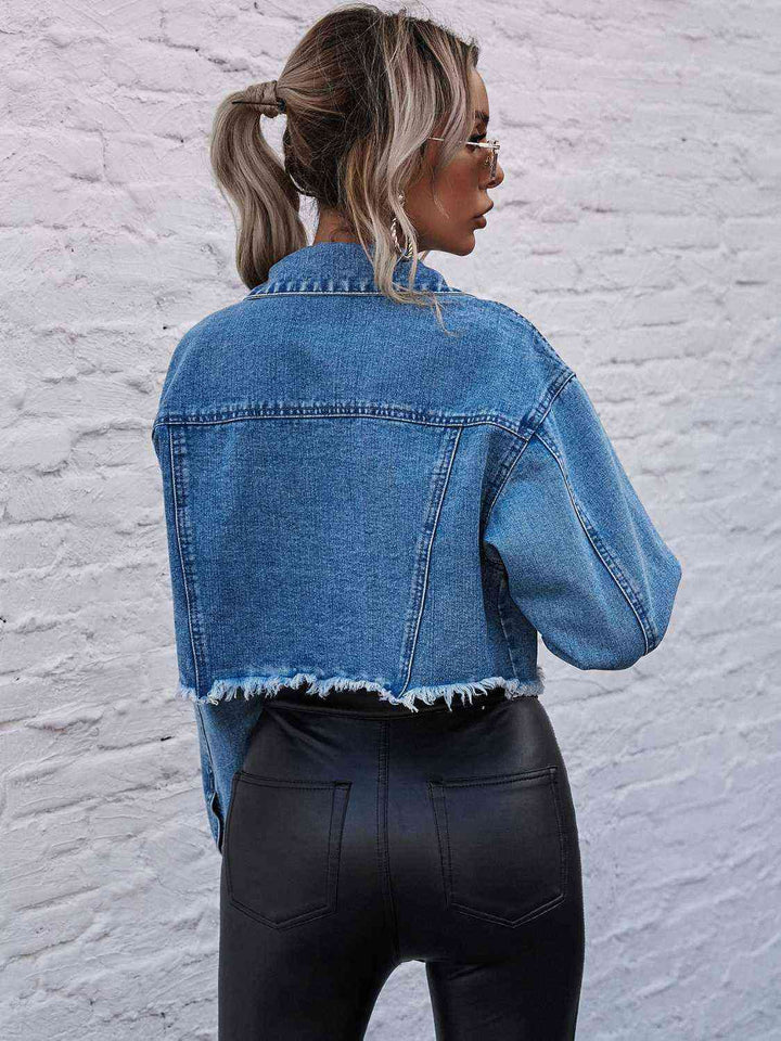 Raw Hem Collared Neck Denim Jacket | 1mrk.com