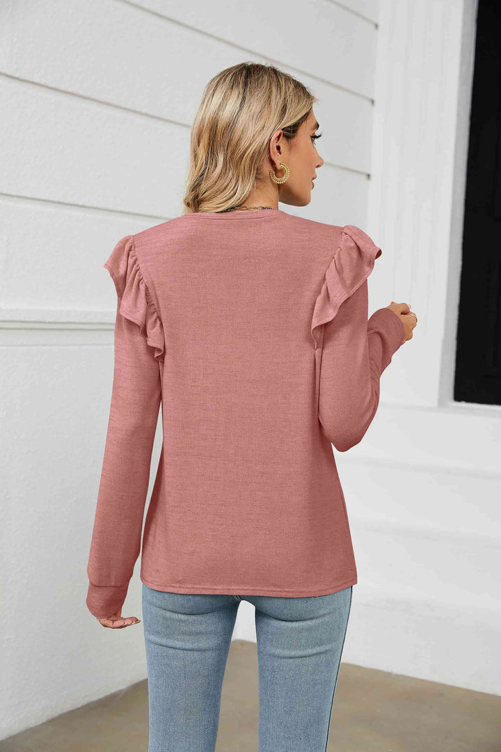 Ruffle Shoulder Long Sleeve T-Shirt | 1mrk.com