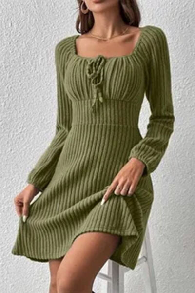 Ribbed Tied Square Neck Long Sleeve Mini Dress |1mrk.com