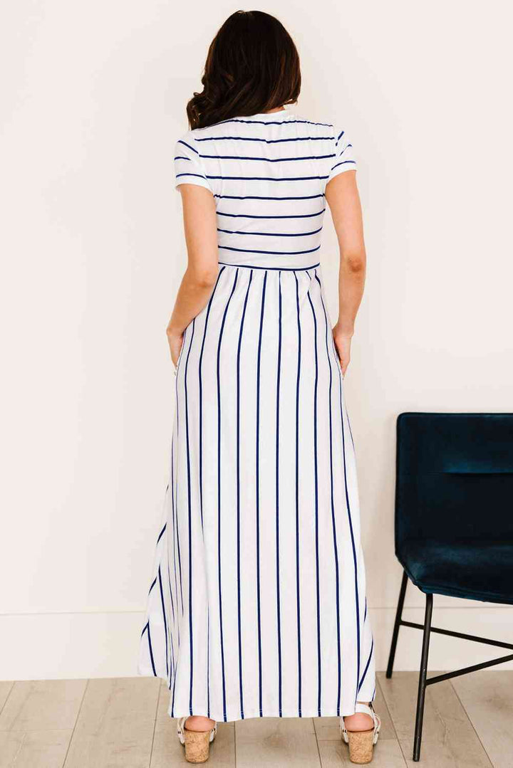 Striped Short Sleeve Crewneck Maxi Dress |1mrk.com