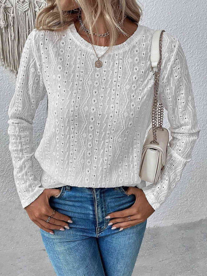 Eyelet Round Neck Long Sleeve Top | 1mrk.com