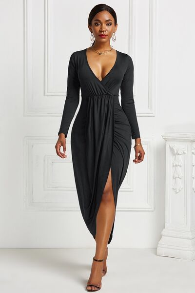 High-low Ruched Surplice Long Sleeve Dress | 1mrk.com