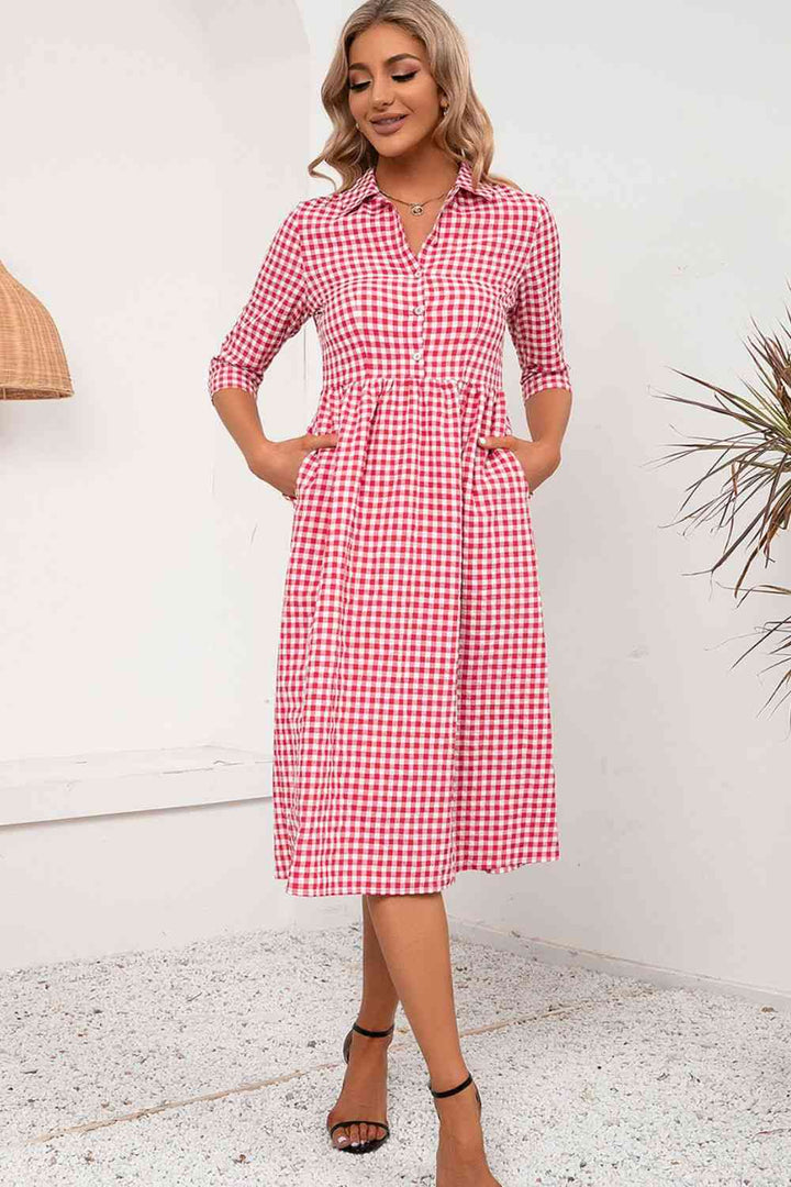 Plaid Collared Neck Midi Dress |1mrk.com