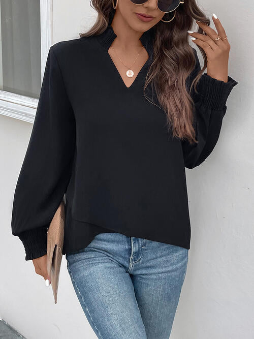 Smocked Notched Long Sleeve Blouse |1mrk.com