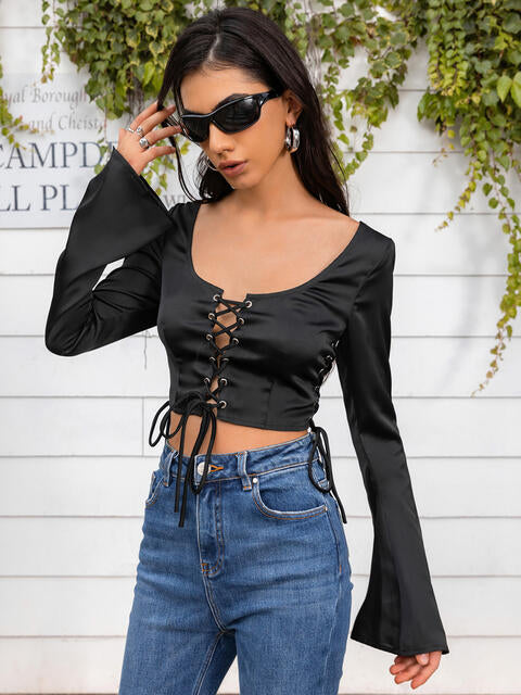 Flare Sleeve Lace Up Crop Top | 1mrk.com