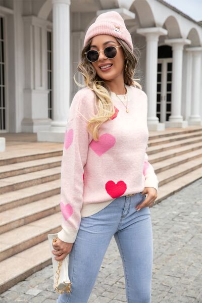 Heart Round Neck Droppped Shoulder Sweater |1mrk.com