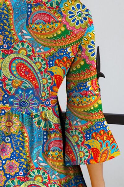 Paisley Print Round Neck Three-Quarter Sleeve Dress |1mrk.com