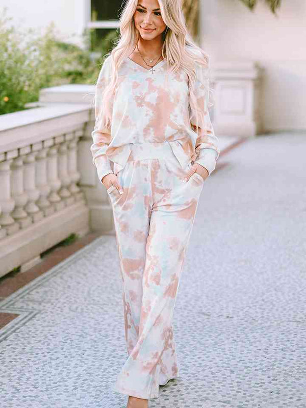 Printed Long Sleeve Top and Wide Leg Pants Lounge Set | 1mrk.com