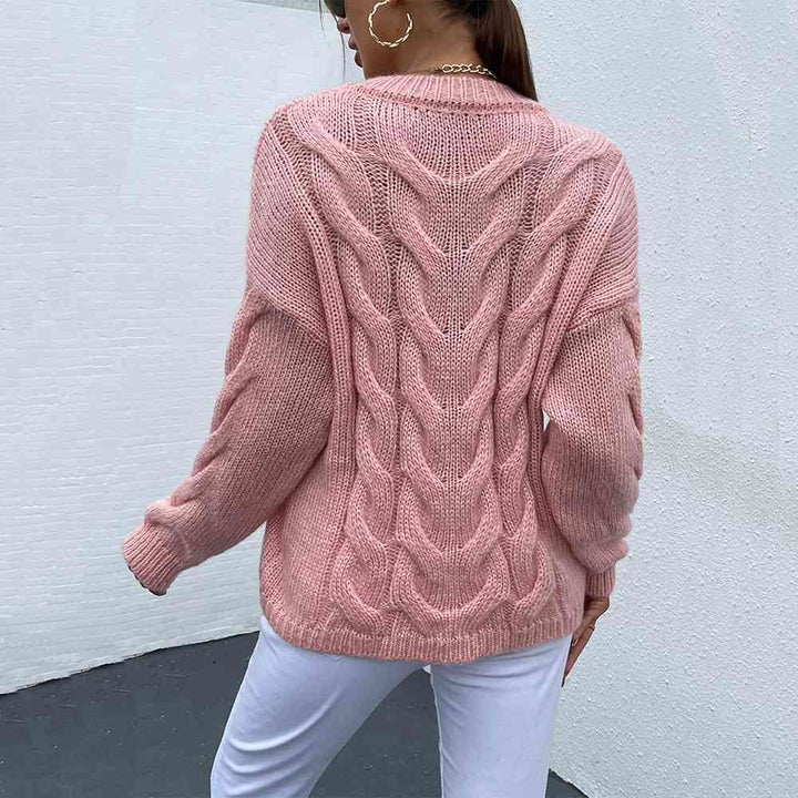 Cable-Knit Round Neck Long Sleeve Sweater |1mrk.com