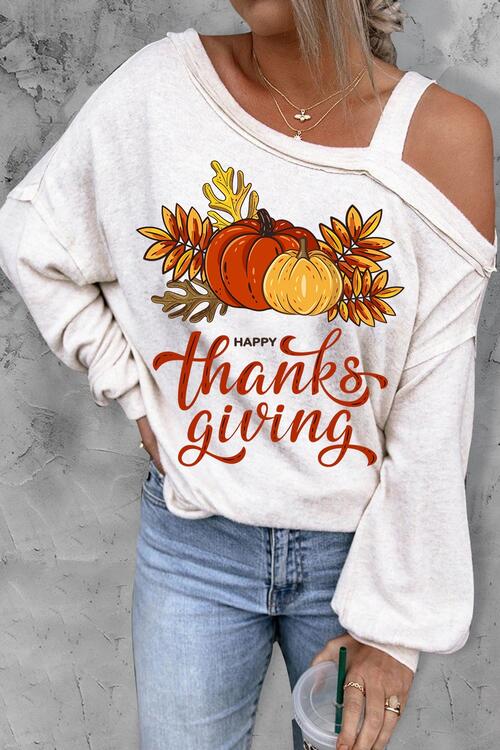 THANKSGIVING Asymmetrical Neck Long Sleeve Top | 1mrk.com