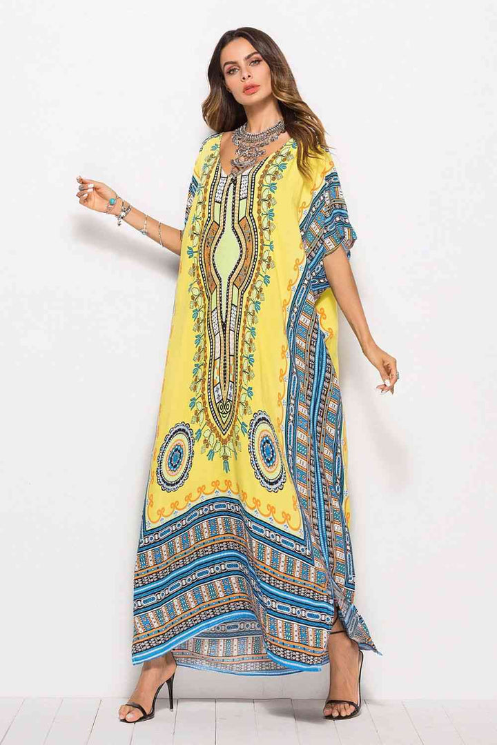 Printed V-Neck Side Slit Maxi Dress |1mrk.com