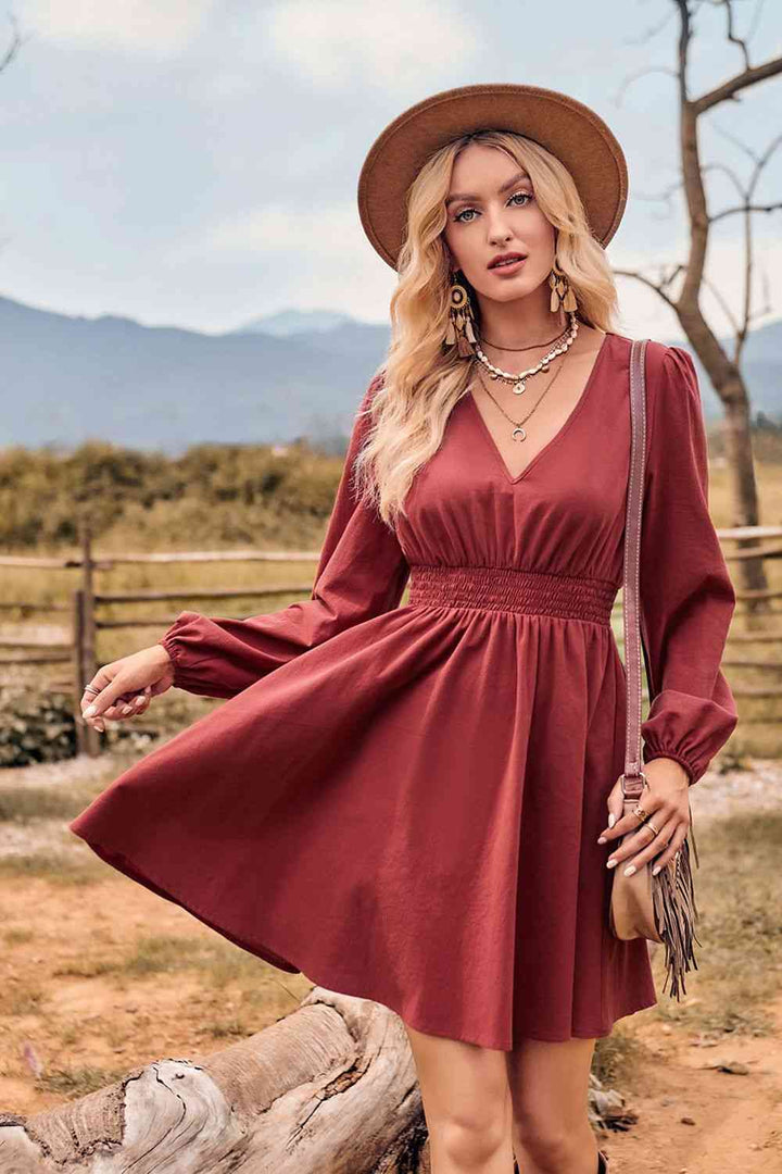 V-Neck Long Sleeve Smocked Waist Mini Dress |1mrk.com