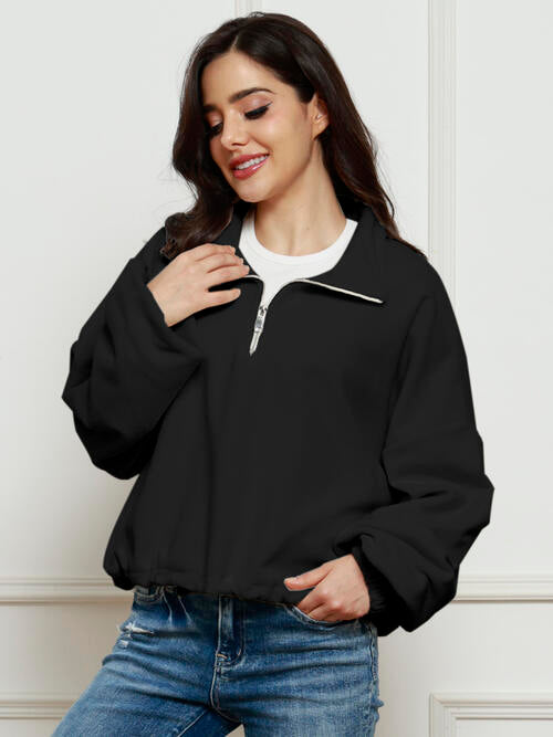 Half-Zip Collared Drop Shoulder Fleece Sweatshirt |1mrk.com