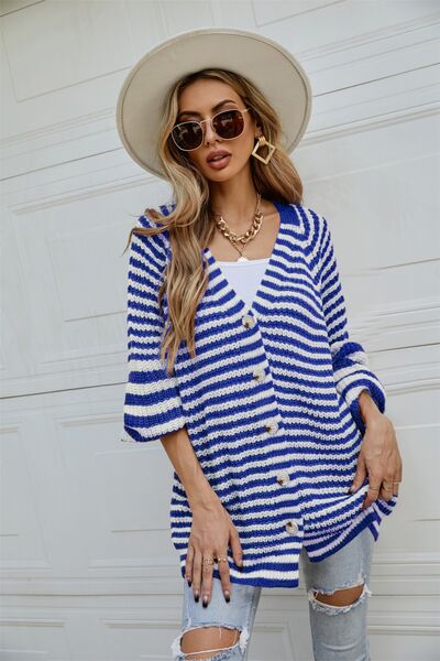 Striped Button Up Long Sleeve Cardigan |1mrk.com