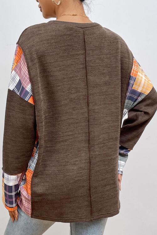 Plaid Exposed Seam Round Neck Sweatshirt |1mrk.com