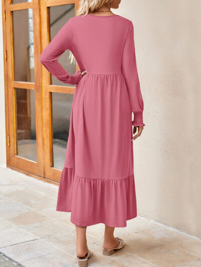 Round Neck Lantern Sleeve Ruffle Hem Dress | 1mrk.com