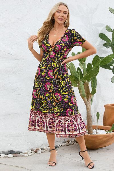 Printed Surplice Short Sleeve Dress |1mrk.com