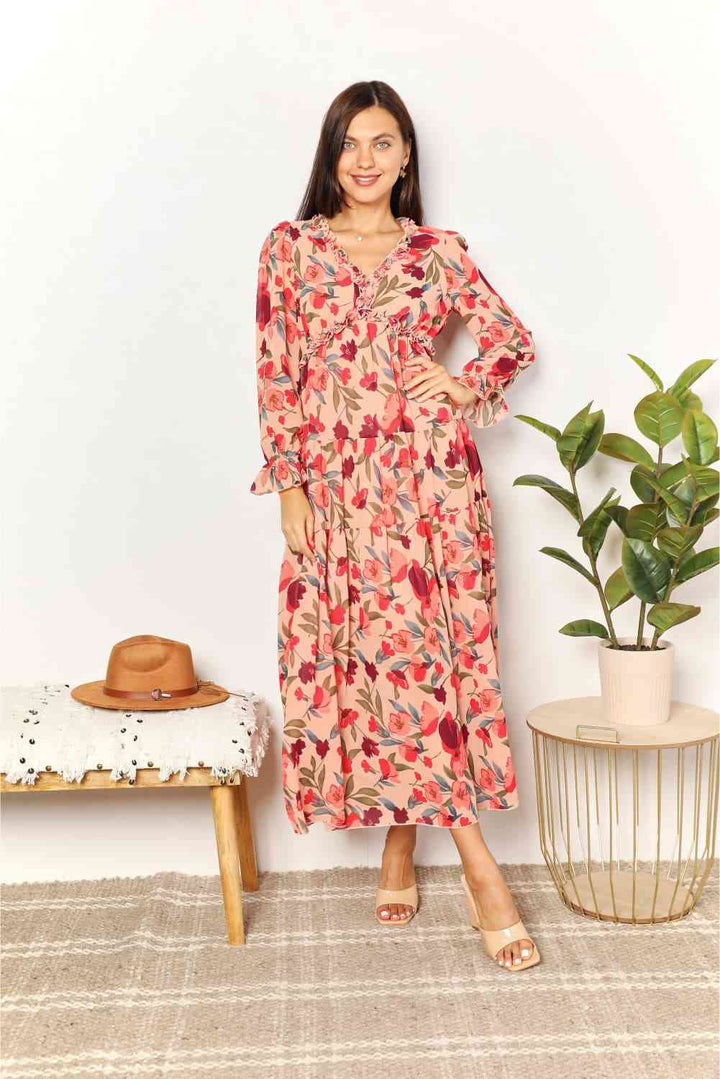Double Take Floral Frill Trim Flounce Sleeve Plunge Maxi Dress | 1mrk.com