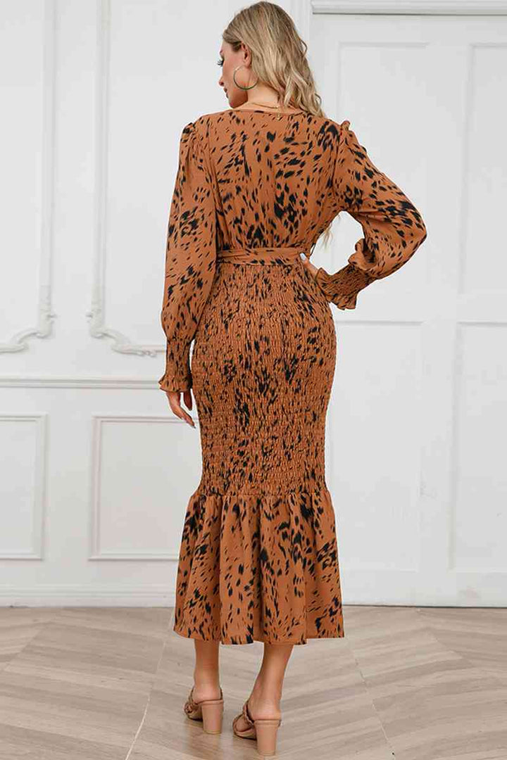 Printed V-Neck Smocked Midi Dress |1mrk.com