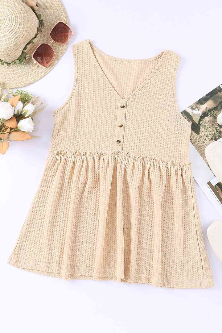 Decorative Button V-Neck Waffle-Knit Babydoll Tank | 1mrk.com