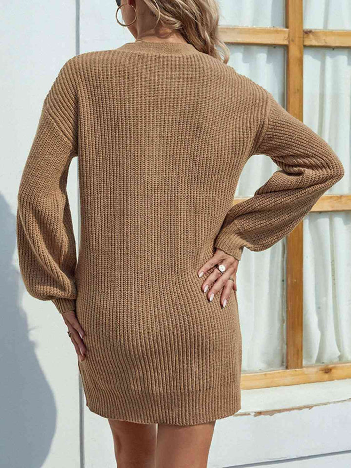 Buttoned V-Neck Sweater Dress |1mrk.com