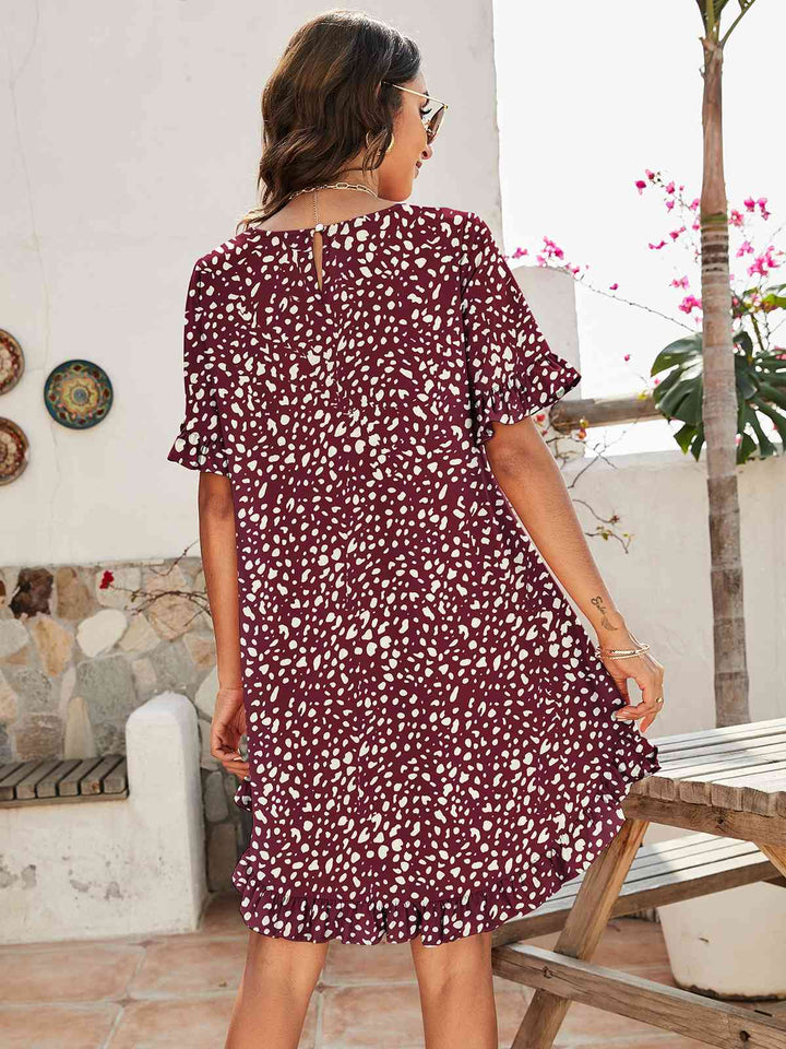 Printed Flounce Sleeve Ruffle Hem Dress |1mrk.com