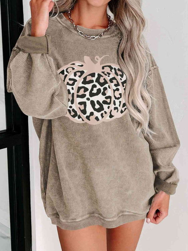 Leopard Pumpkin Graphic Ribbed Sweatshirt |1mrk.com