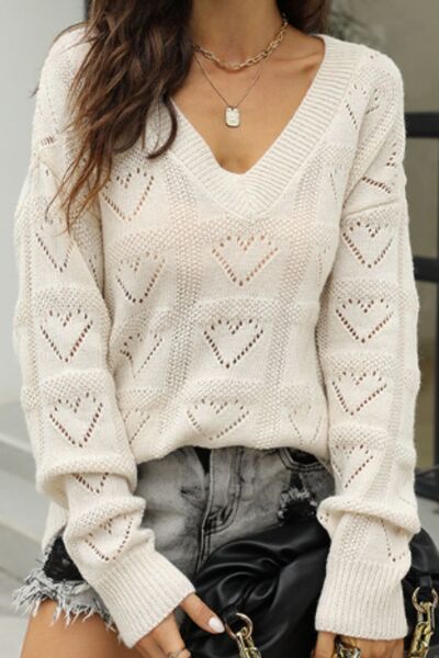 Openwork V-Neck Dropped Shoulder Sweater |1mrk.com