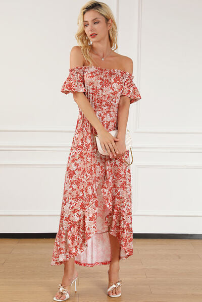 Smocked Off-Shoulder Ruffle Hem Dress |1mrk.com