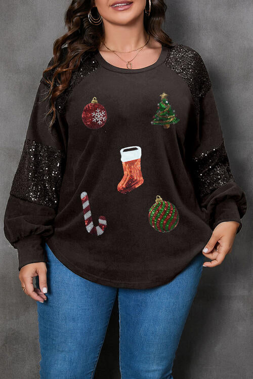 Plus Size Christmas Element Sequin Long Sleeve Sweatshirt |1mrk.com