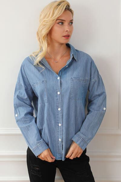 Pocketed Button Up Collared Neck Denim Top | 1mrk.com