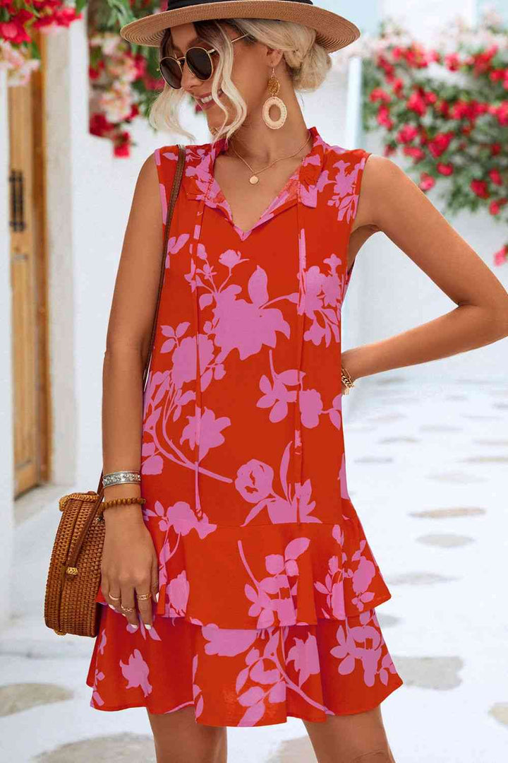 Floral Tie Neck Sleeveless Layered Dress |1mrk.com