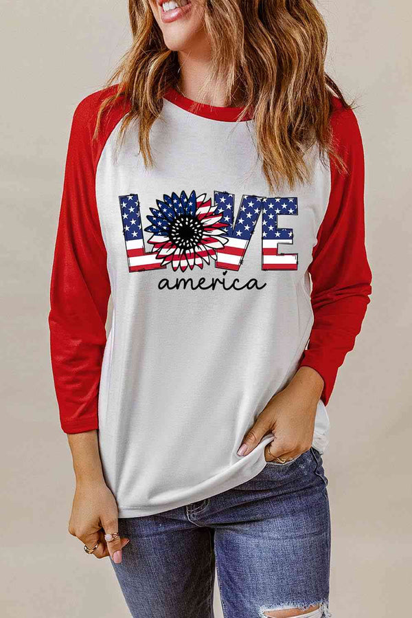 Raglan Sleeve Round Neck LOVE AMERICA Graphic Tee | 1mrk.com