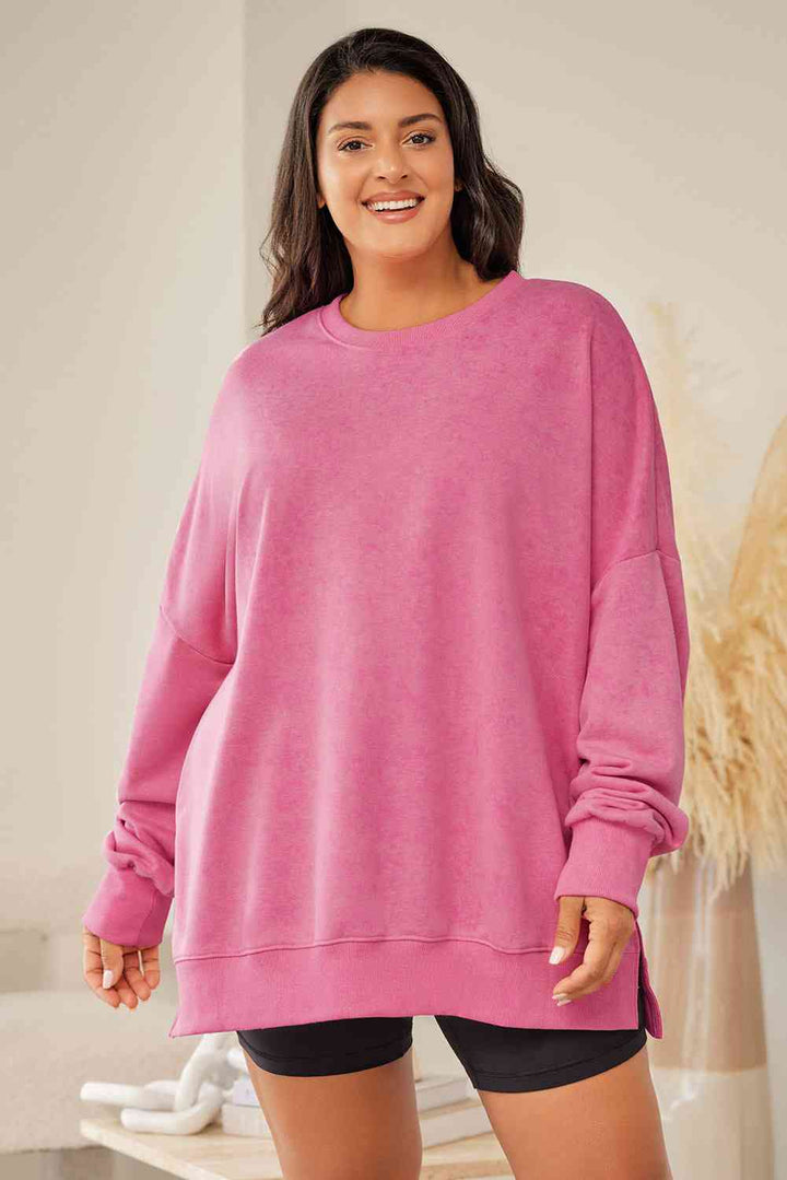 Plus Size Round Neck Drop Shoulder Slit Sweatshirt |1mrk.com