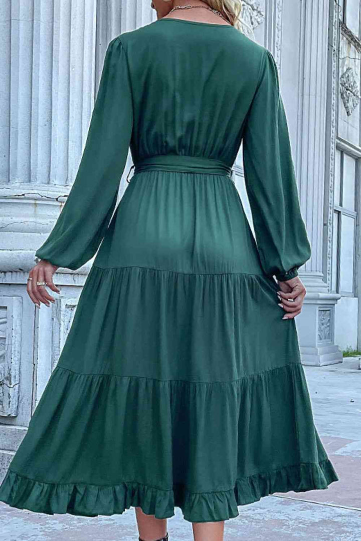 Buttoned V-Neck Puff Sleeve Tiered Dress |1mrk.com