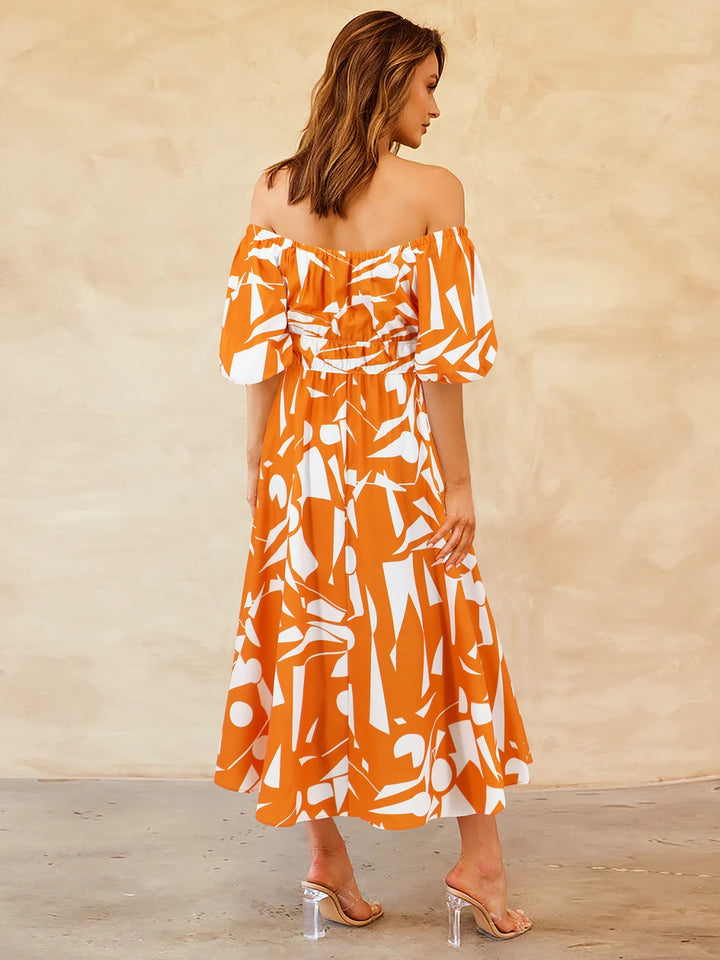 Printed Off-Shoulder Balloon Sleeve Dress | Trendsi