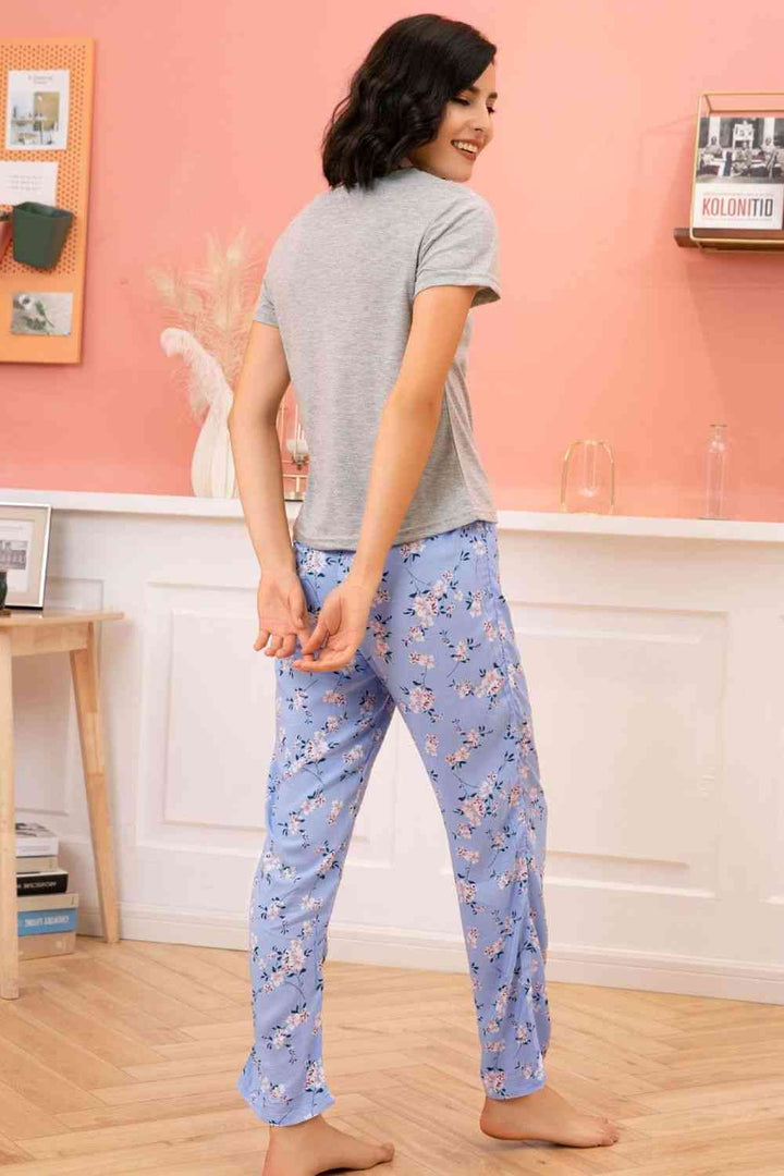 Round Neck T-Shirt and Floral Pants Lounge Set | 1mrk.com