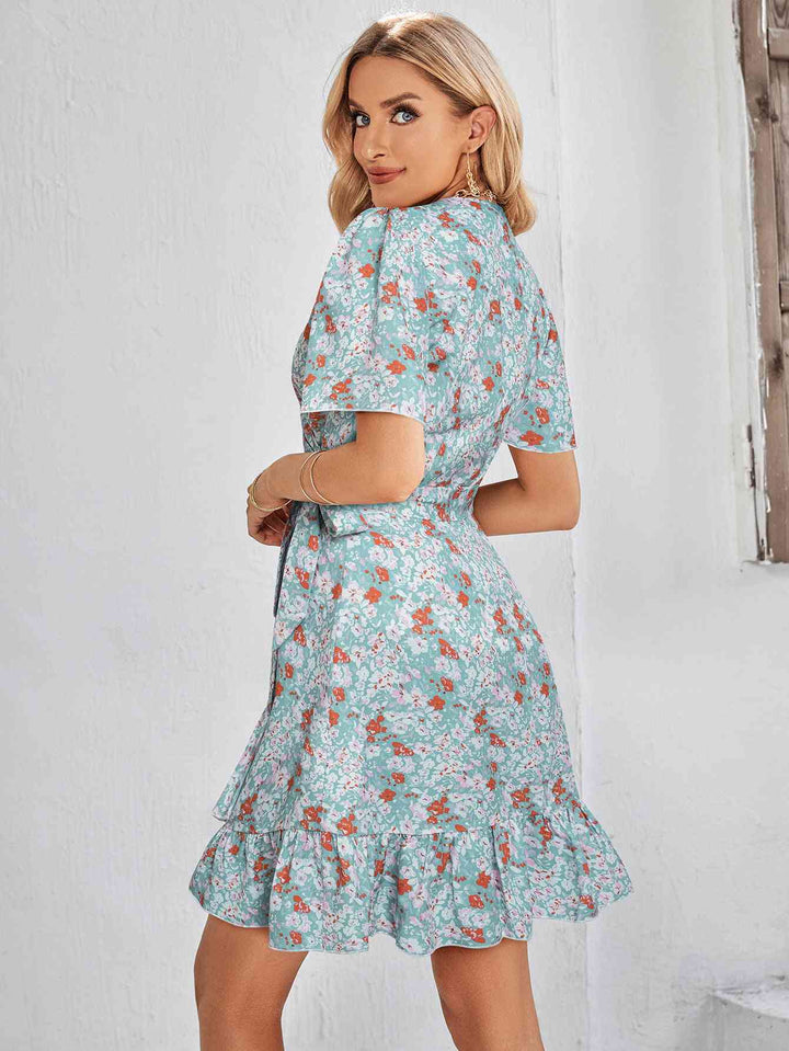 Floral Short Sleeve Ruffle Hem Dress |1mrk.com