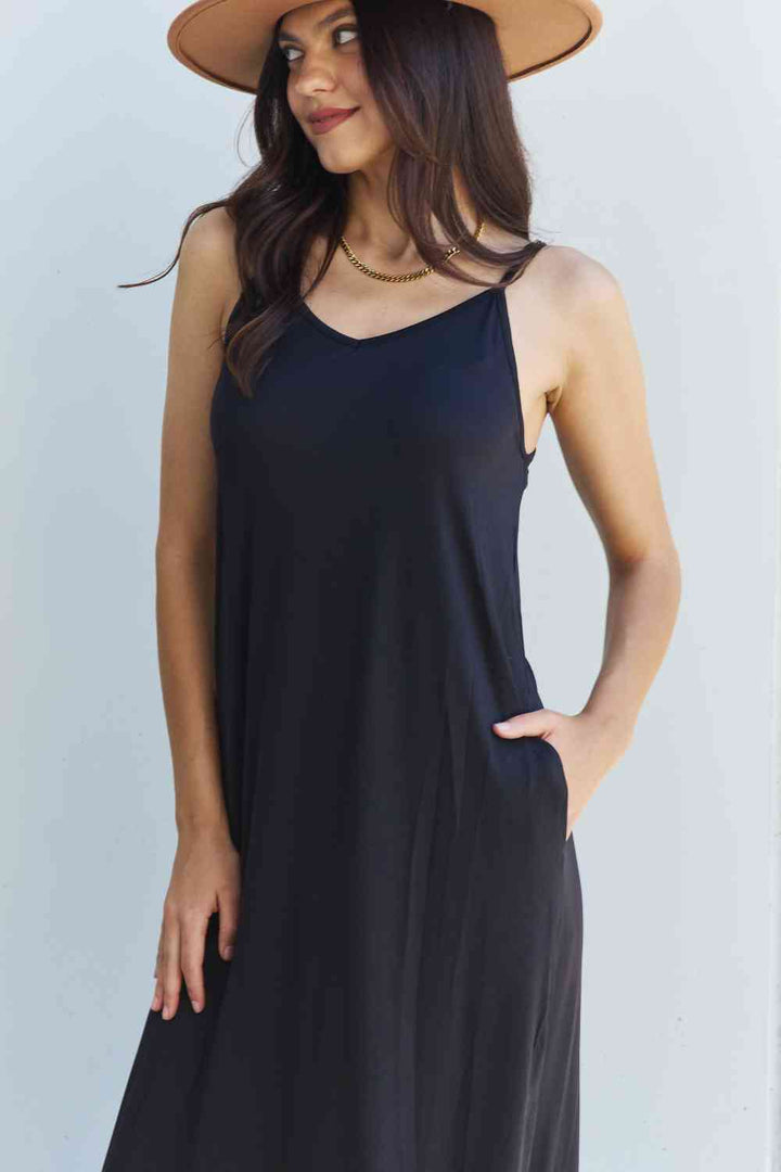 Ninexis Good Energy Full Size Cami Side Slit Maxi Dress in Black | 1mrk.com