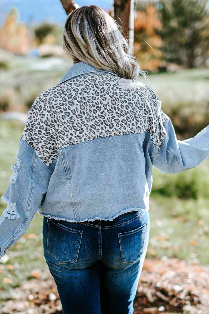 Plus Size Leopard Raw Hem Distressed Spliced Denim Jacket | 1mrk.com