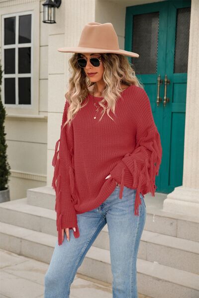 Fringe Round Neck Dropped Shoulder Sweater |1mrk.com