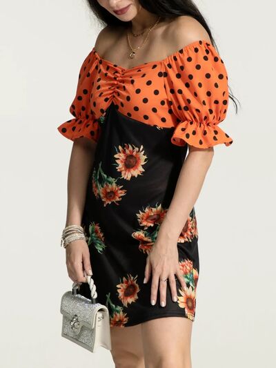 Ruched Polka Dot Flounce Sleeve Dress |1mrk.com