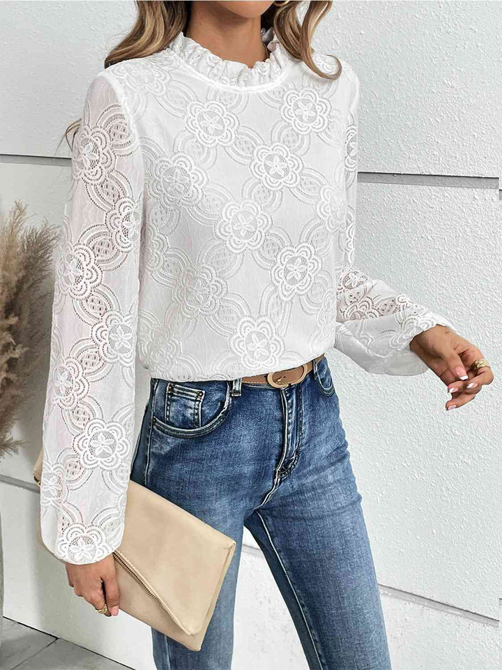 Eyelet Round Neck Long Sleeve Blouse | 1mrk.com