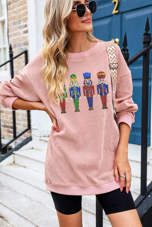 Nutcracker Sequin Round Neck Drop Shoulder Sweatshirt |1mrk.com