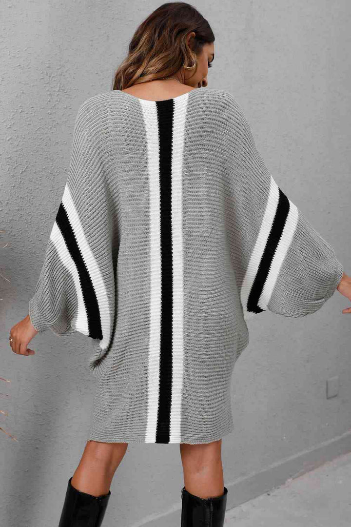 Ribbed Round Neck Long Sleeve Sweater Dress | 1mrk.com