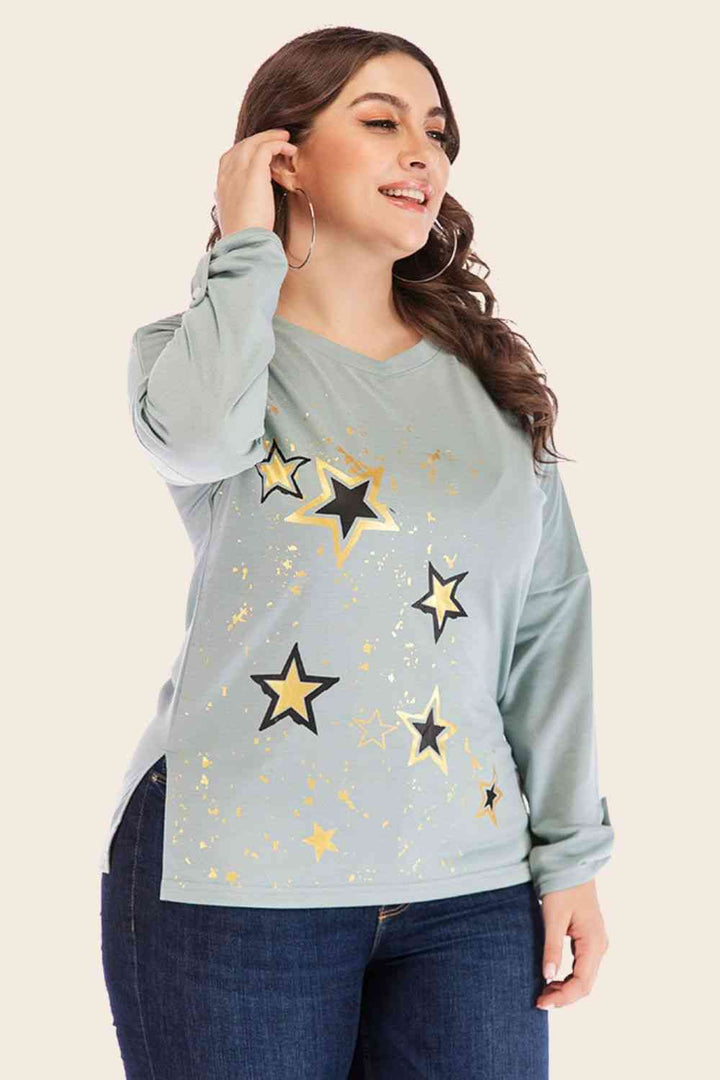 Full Size Star Graphic Slit Dropped Shoulder Top | 1mrk.com