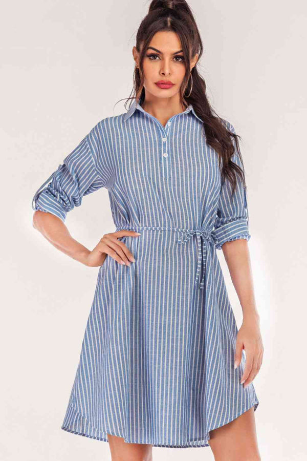 Full Size Striped Quarter-Button Roll-Tab Sleeve Shirt Dress |1mrk.com