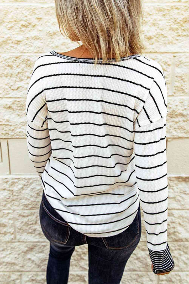 Striped Waffle Knit Henley Long Sleeve Top | 1mrk.com