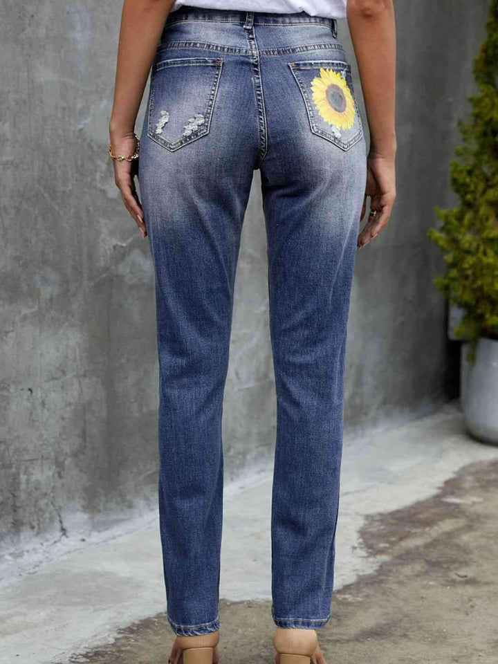 Leopard Patchwork Sunflower Print Distressed High Waist Jeans | 1mrk.com