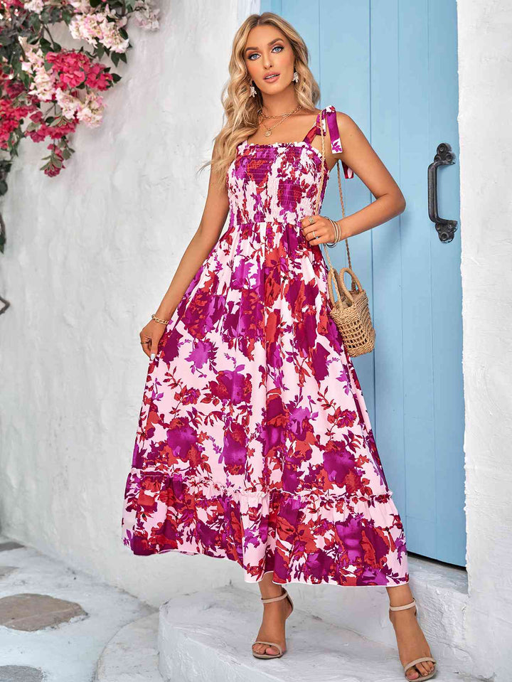 Floral Tie-Shoulder Frill Trim Smocked Dress |1mrk.com